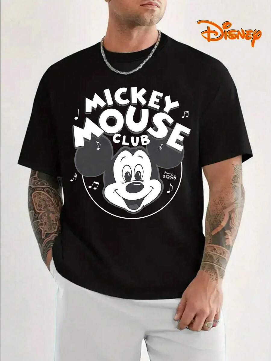Disney Men's Casual T-Shirt, "Mickey Mouse Club" Print, Nostalgic Music Design, Relaxed Fit, Perfect For Classic Fans - màu đen - Xem 1