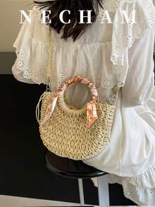 1 pieza Bolso de tote casual con forma de media luna de paja de moda, bolso de hombro versátil con estilo de campo francés - Beis - Ver 6