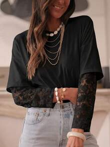 时尚休闲纯色百搭修身短款长袖圆领T恤，春季 - 黑色 - 查看 4