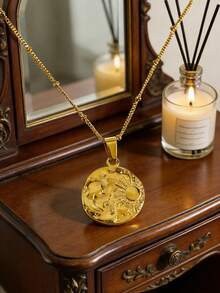 MECYLIFE 1pc Stainless Steel Round Moon Sun Star Pendant Necklace, Simple Design Women Necklace - Yellow Gold - View 5