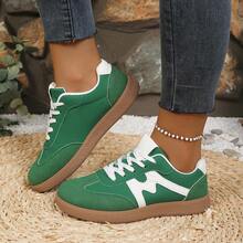 1双女士条纹拼接低帮休闲鞋，年轻时尚街头风，绒面革系带平底运动鞋，百搭舒适，适合日常穿着 - 綠色 - 查看 4