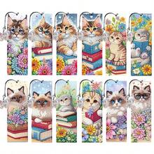 12pcs/Set DIY Diamond Painting Bookmarks - Cat Design, Multicolor Mosaic Decor - View 1