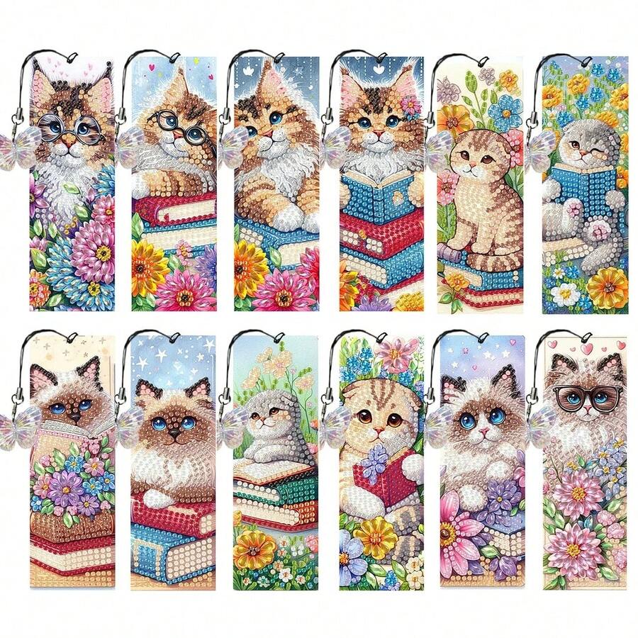 12pcs/Set DIY Diamond Painting Bookmarks - Cat Design, Multicolor Mosaic Decor - View 1
