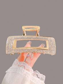 1 pièce Pince à cheveux carrée creuse en alliage avec strass, design élégant de luxe brillant pour les coiffures quotidiennes, accessoires capillaires pour femmes - Doré - Voir 3