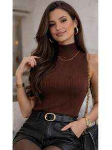 Blusa Garrafinha Feminina Basica Tricot Sem Manga Inverno Frio Elegante Virginia  Tricô de malha    Malhado    blusa  outono - bordô - Visão 7