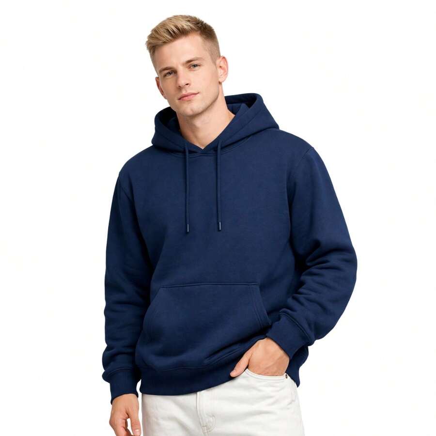 Relaxed Kangaroo Hoodie With Soft Warm Hood - Navy Blue - View 1