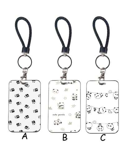1pc ABS Cute Panda Pattern ID Badge Lanyard, Student Card Holder, Lovely Heart Print Synthetic Fiber Halter, Suitable For Work ID, Student Card, Can Be Used As Gift, All Seasons