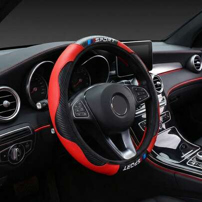 1pc Carbon Fiber Leather SPORT Car Steering Wheel Cover, Fits 14.5-15 Inch Steering Wheel, Unisex Car Accessories, Suitable For All Seasons