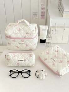 3pcs Pink Bow Bunny Aesthetic Makeup Bag Set, Retro Satin Printed Cosmetic Organizer Pouch, Travel Toiletry Bag, Makeup Brush Holder, Suitable For Daily Use, Travel, Weekend, Christmas, Wedding, Valentine's Day - Multicolor - View 2