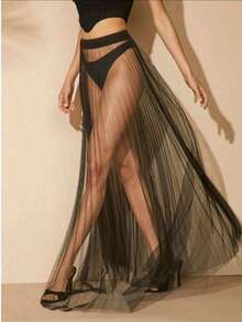 Solid Sexy FashionSheer Pleated Mesh Maxi Skirt - Multicolor - View 3