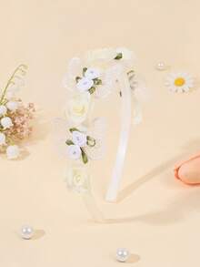 1件米色发箍，女童花朵蝴蝶装饰发带，优雅发箍，婚礼度假派对头饰，日常节日头饰，青少年发饰 - 米色 - 查看 1