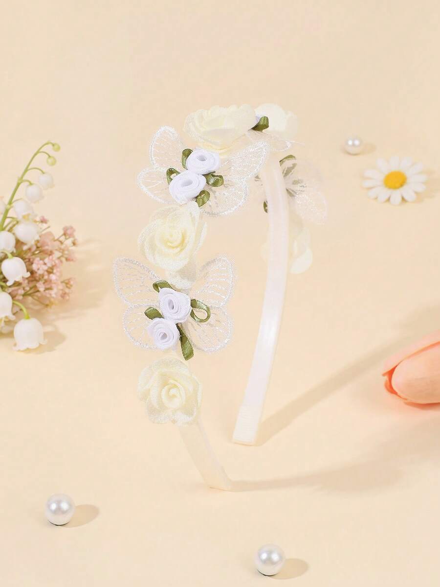1件米色发箍，女童花朵蝴蝶装饰发带，优雅发箍，婚礼度假派对头饰，日常节日头饰，青少年发饰 - 米色 - 查看 1