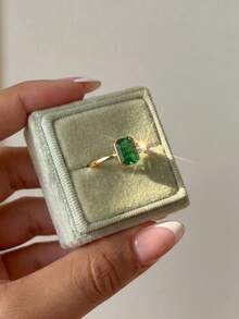 Stylever 1枚925纯银时尚闪亮立方氧化锆祖母绿戒指，女士日常通勤百搭戒指，派对配饰，高品质戒指，结婚订婚周年纪念礼物，精致珠宝礼品 - 金色 - 查看 5