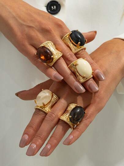 1 pieza Anillo abierto de metal con encanto ovalado de gema falsa con textura elegante, joyería lujosa, adecuado para boda, fiesta, vacaciones, uso diario casual, estilo callejero, regalo de mujer para parejas, festividades, cumpleaños, versátil