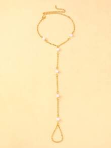 1pc Faux Pearl Connected Finger Ring Bracelet, Unique Design Fashionable Versatile Bracelet Ring Set For Women - Gold - View 3