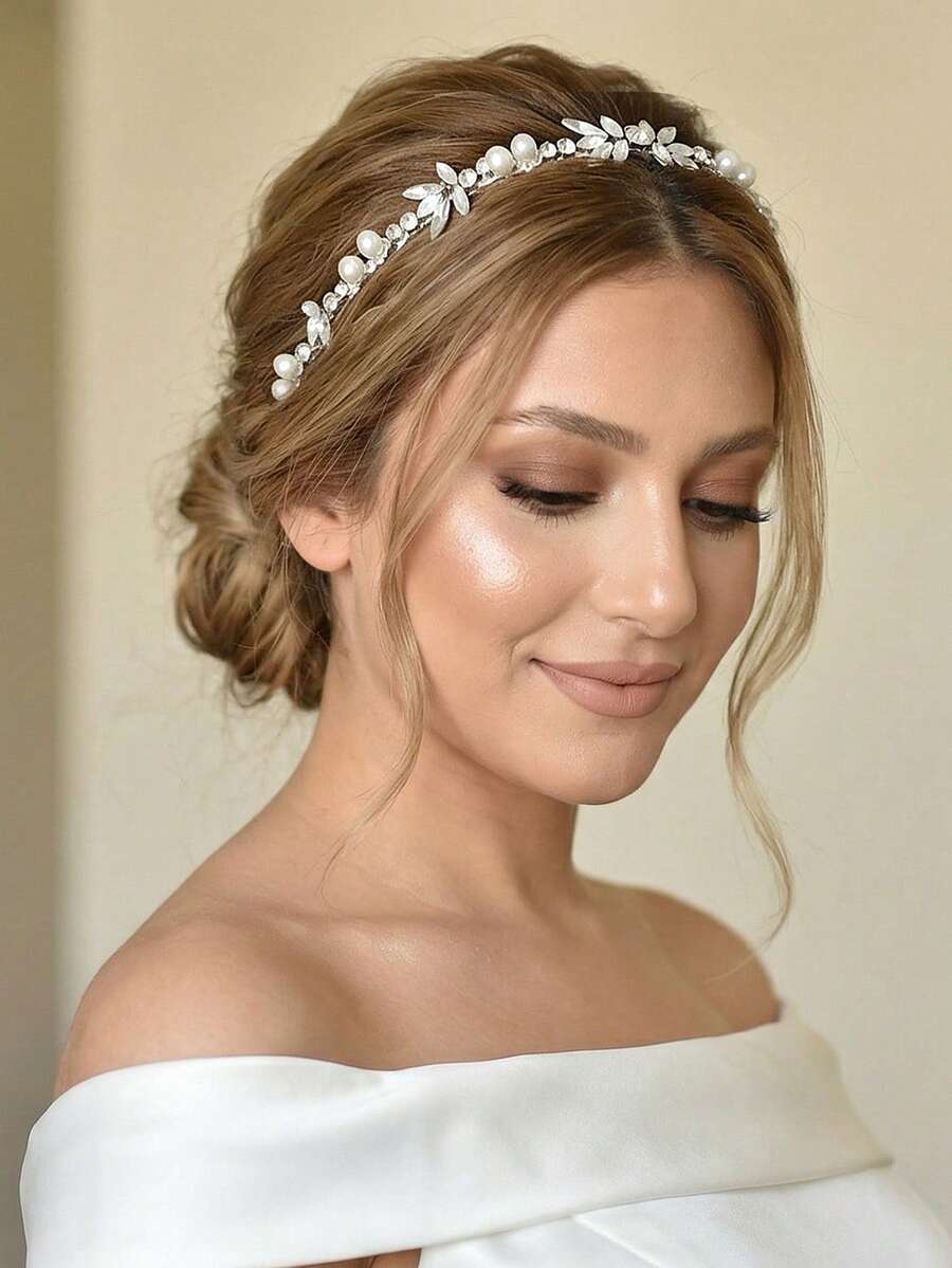 1pc Elegant Handmade Bridal Headband With Rhinestones, Women's Fine Hair Hoop For Wedding Party