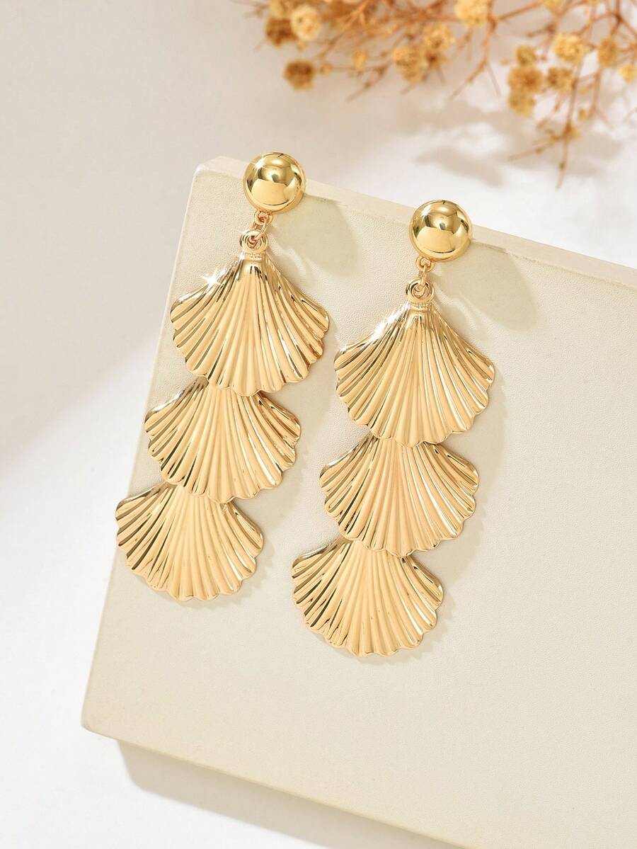 OOQ 一对波西米亚风金属质感贝壳流苏长耳环，几何设计，适合夏季海滩、度假、婚礼、母亲节、音乐节、日常佩戴、派对等场合，女士适用。 - 金色 - 查看 1