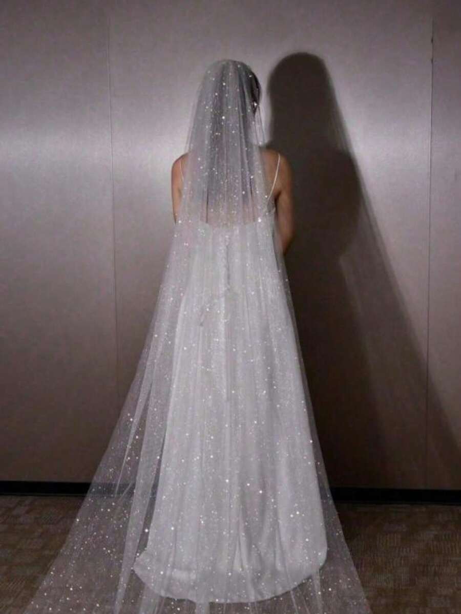 闪耀星光亮片新娘头纱，超长拖尾轻盈头纱，适合婚礼仪式、新娘摄影道具 - 直白色 - 查看 1