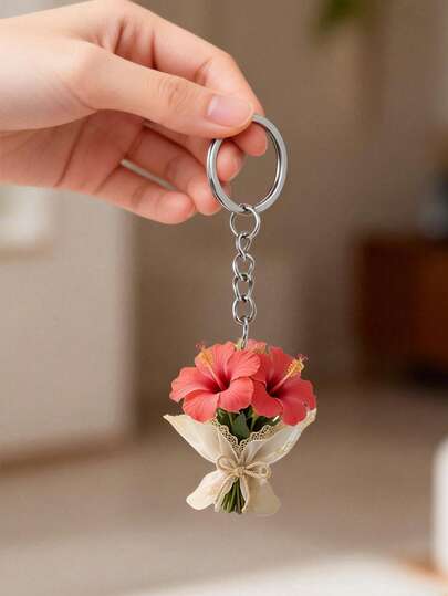 Elegant 2d Flat Acrylic Hibiscus Bouquet Keychain, Lightweight Flower Key Ring, Valentine's Day Bouquet Pendant, Fun Decoration, Backpack Accessory, Fashion Pendant, Summer Accessory, Home Decoration, Car Decoration Pendant, Headphone Pendant, Bag Pendant, Accessory Gift, Suitable For Summer, Beach Trip, Is The Perfect Gift For Family And Friends, Valentine's Day Gift, Birthday Gift, Party Gift, Anniversary Gift, Wedding Gift, Travel Gift.