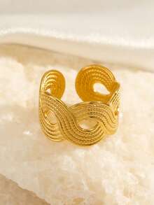 1pc 18K Gold Plated Stainless Steel Geometric Striped Ring, Suitable For Women's Daily Wear - Gold - View 5