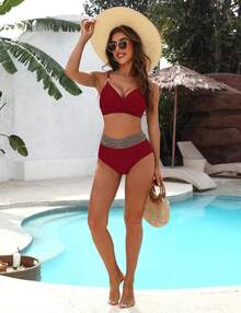 Womens High Waisted Bikini Sets Tummy Control Colorblock Swimsuits Modest Metal Two Piece Bathing Suit - Màu Đỏ Sâu - Xem 3