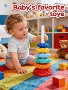 彩虹叠叠圈玩具，彩色叠叠圈，儿童早教玩具，形状匹配积木，旋转玩具，自闭症儿童注意力训练桶玩具，旋转玩具，叠叠乐玩具，叠叠圈，感官玩具 - 旋轉套圈 - 查看 3