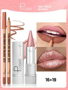 Pudaier Long Lasting Matte Lip Liner & Shimmering Metallic Lipstick Set Lip Combo- Perfect For Defining Contours & Creating Luurious Looks- Ideal Valentine's Day Gift For Women - 16+19 - View 1