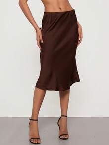 女士高腰缎面中长裙，优雅休闲，四季皆宜 - 棕色 - 查看 3