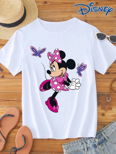  1pc Disney IP Authorized Minnie Mouse Graphic Print Short Sleeve T-Shirt, Round Neck, Stretchy, Easy Care Material, Suitable For Daily Wear, Fashionable Women's Short Sleeve T-Shirt, Casual Wear