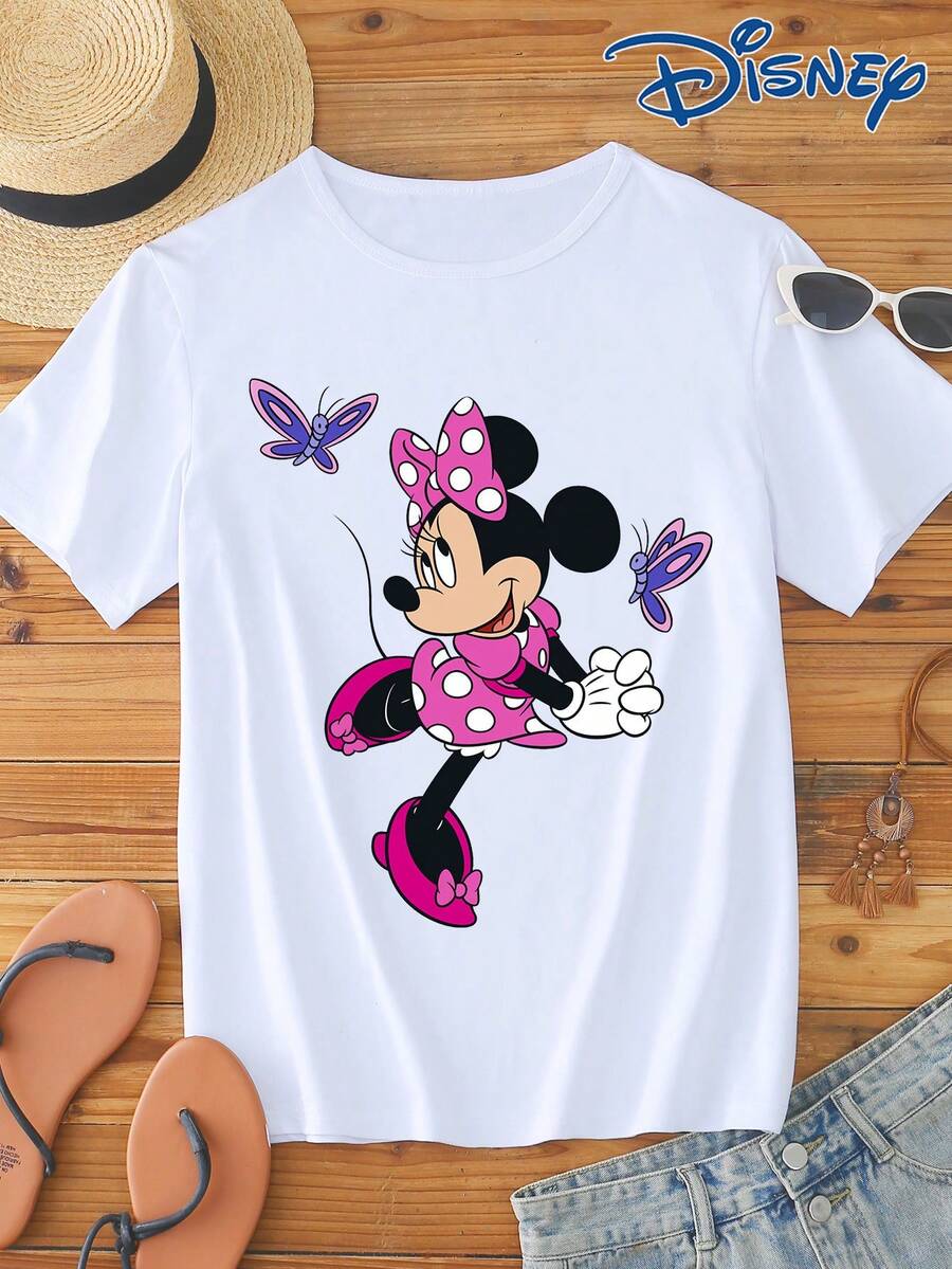 1pc Disney IP Authorized Minnie Mouse Graphic Print Short Sleeve T-Shirt, Round Neck, Stretchy, Easy Care Material, Suitable For Daily Wear, Fashionable Women's Short Sleeve T-Shirt, Casual Wear - White - View 1