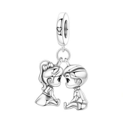 CYMYSS 1pc Women's Fashion Cartoon Couple Pendant, Inlaid With Artificial , Heart-Shaped Detail Decor, Cute Princess & Prince Design, 925 Silver Plated Bracelet/Necklace Charm, Valentine's Day/Birthday Gift
