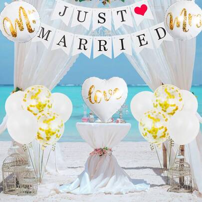 Set de 14 baloane pentru petrecere de nuntă, include stegulețe de nuntă, baloane folie în formă de inimă, baloane folie 45 cm cu mesajul "Domnul" și "Doamna", baloane din latex, potrivite pentru decorarea petrecerii de nuntă, aniversare