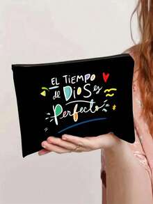 印花帆布手提袋，饰有“El-Tiempo”彩色图案，便携休闲收纳手提包，多功能购物袋，简约旅行收纳袋，大容量旅行化妆包，全新设计，空间宽敞，是购物、婚礼、生日、海滩、度假、返校的理想之选。 - 彩色 - 查看 3