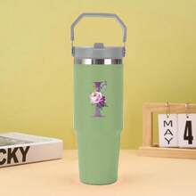 30oz Water Bottles Stainless Steel Insulated Tumbler With Carry Handle Double Walled Leak Proof Fits Most Cup Holder Water Cup With Lid And Straw For Gym Home Office Travel A-Z Purple Pattern - Green - View 12