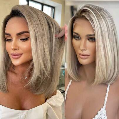 13x4x1 透明蕾丝前假发，香草金色直发波波头真人发假发，适合白种人女性，12 英寸奶油金色短波波头假发，180% 密度中分预拔发际线灰色挑染金色真人发假发