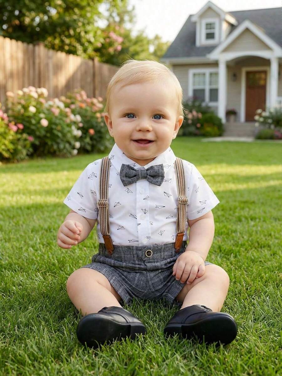 BOARNSEORL 2pcs Baby Boys Gentleman Outfit: Short Sleeve Collared Shirt With Bow Tie And Gray Suspender Shorts, Fashionable & Cute, Suitable For Birthday Party, Banquet, 1st Birthday Ceremony - Grey - View 1