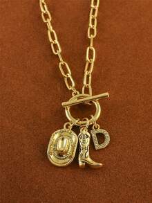 1pc Retro Classic Letter Western Cowboy Hat Pendant, With Gold Stainless Steel Paperclip Chain, Women Necklace - Yellow Gold - View 21