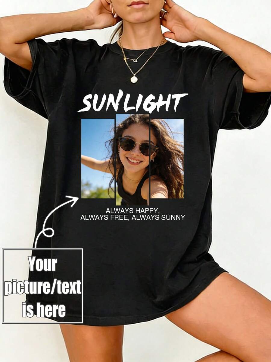 Personalized Custom Pattern & Text Women's Loose Fit T-Shirt, Upload Your Photo/Group Photo/BFF/Pet Photo, Enter Your Text/Blessing/Name/Meaningful/Funny Text Customization, DIY Custom, Women's Black Top, Summer Casual Women's Loose Short Sleeve T-Shirt Top, Holiday Gift, Special Gift, Creative Gift, Couple, BFF, Team Building Uniform, Spring/Summer Customization - Black - View 1