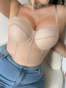 mimilemon Plus Size Women Lace Bra With Removable Shoulder Strap, Comfortable Non-Slip Underwear - Beige - View 5