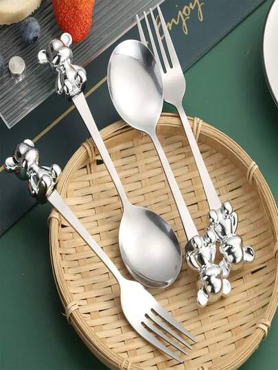 1/2/4pcs Creative Cartoon Bear Stainless Steel Cutlery Set, Includes Spoon, Fork, Fruit Fork, Dessert Spoon For Home Use