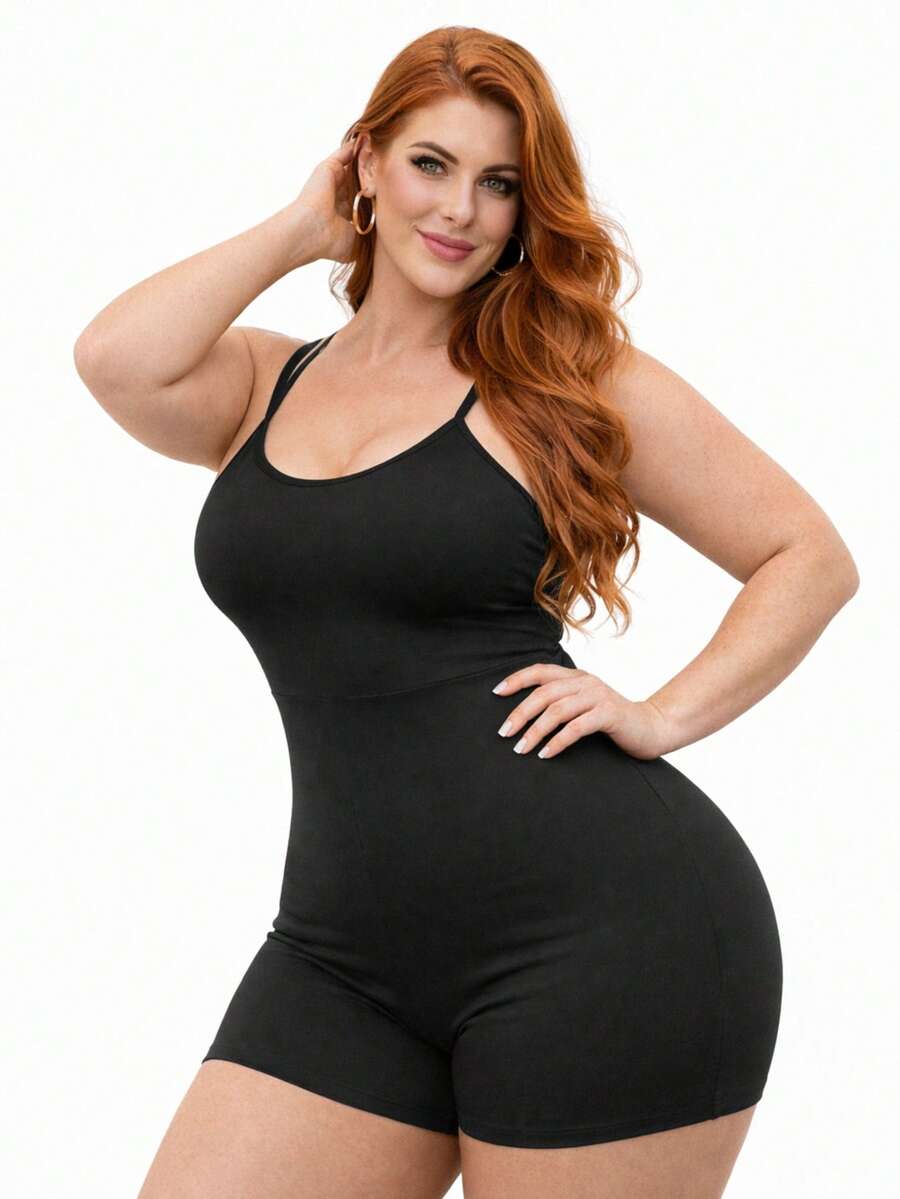 Plus Size Fitness Jumpsuit (G1 To G4) - Super Elastane, Thick Fabric, Gym Wear, Unbranded, Shaping, Non-See-Through - 黑色 - 查看 1