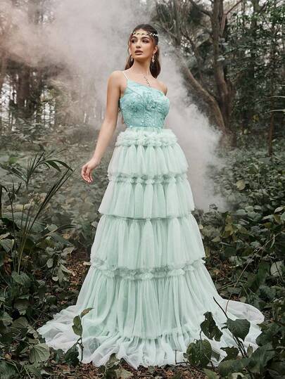 Faeriesty 奢华优雅的单肩正式晚礼服，后背系带可调节，多层薄纱裙摆，适合出席盛大晚宴、颁奖典礼、正式晚宴、婚礼、舞会和其他场合。