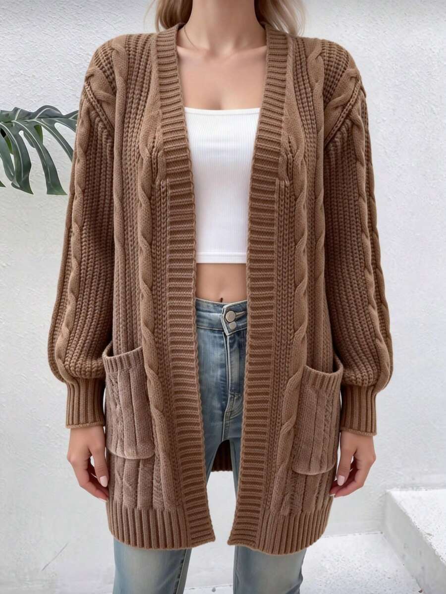 Cardigan de Punto para Mujer, Color Camel, Diseño de Tramas de Cable, Abrigo de Punto Ligero para Primavera y Otoño - Camel - Ver 1