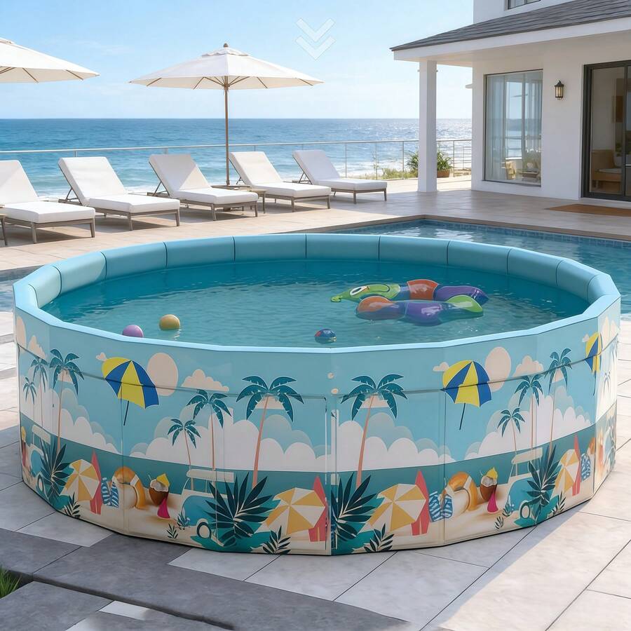 Tropical Family Fun Round Swimming Pool - No Inflation Needed, Foldable, Easy To Store, Perfect For Backyard Parties And Indoor Play, Blue Palm Tree Design, Leisure Pool | Summer Vibe Pool Pool, Pool Float - C - View 1
