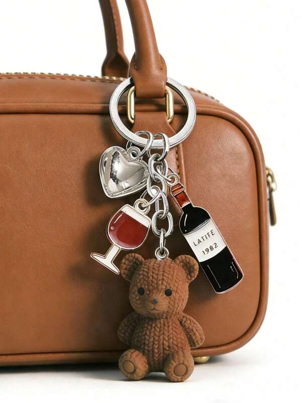 1pc Cute Teddy Bear Keychain Pendant, Knitted Teddy Bear Design With Wine Bottle, Wine Glass And Heart Patterns, Mini Resin Material, Suitable As Women Fashion Accessory, Home Key, Bag Decor, Earphone Pendant, Phone Case Charm, Car Keychain, Ideal Gift For Holidays And Birthdays
