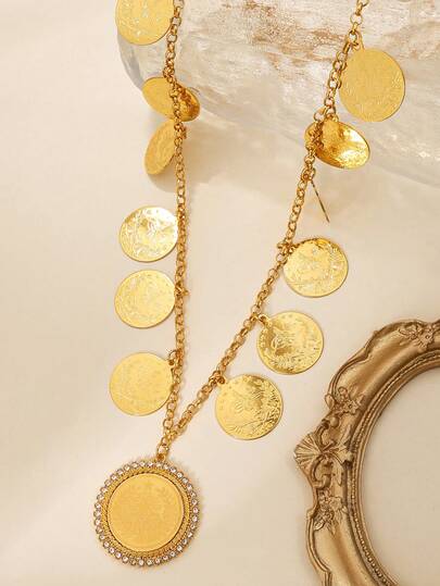 1pc Vintage Turkish Coin Necklace, Ottoman Style Tassel Long Necklace For Women, Suitable As Eid Gift