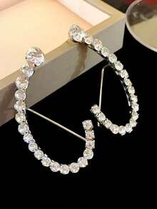 Geometric Crystal Earrings, Fashionable Elegant Niche Design Fully Paved Arc-Shaped Asymmetric Earrings - Silver - View 3