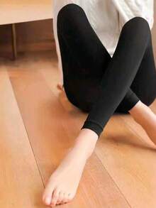 1pc Women's Black Thermal Lining Leggings, Stretchy Slim Fit Fleece Tights, Suitable For Spring And Autumn - Black - View 6