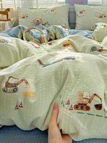 儿童床上用品套装，卡通挖掘机印花图案，4件套，包含1个被套、1个床单和2个枕套，系带拉链设计，适合男孩女孩，卧室和宿舍适用，100%涤纶材质，被套和枕套不含被芯，四季皆宜。 - 薄荷藍 - 查看 7