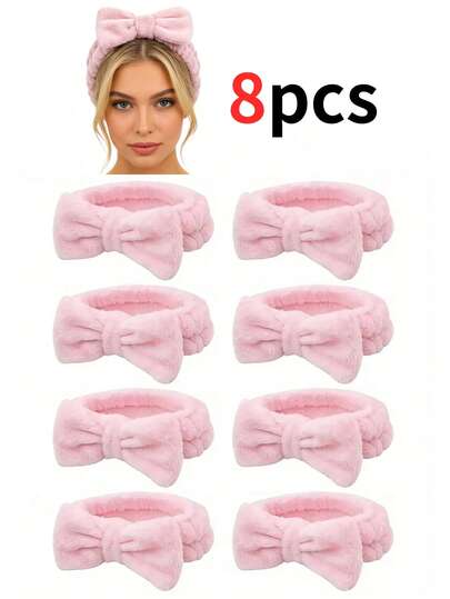 8pcs/Set Pink Bow Headband, Hair Hoop, Wristband, Hair Clip Combo Set, Including Spa Headband, Makeup Headband, Facial Headband, Skincare Headband, Pink Plush Headband, Bow, Scrunchie, Spa Headband, Wristband, Gift Set For Women & Girls